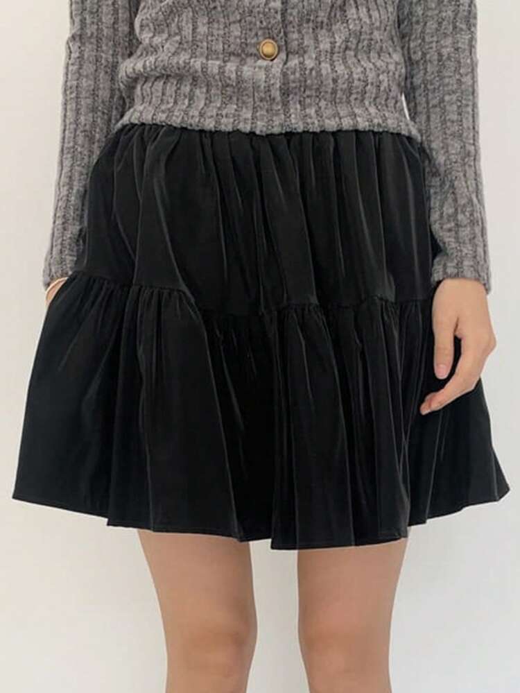 Women Elastic Waist Split A-Line Mini Skirt