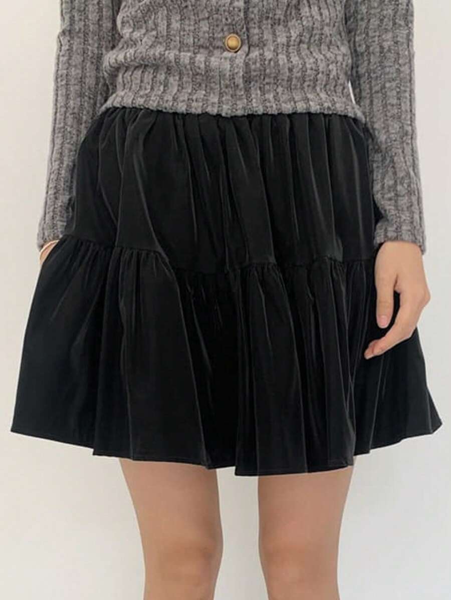 DAZY Women Elastic Waist Split A-Line Mini Skirt - Black - View 1