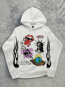 Manfinity EMRG Men's Casual Letter Print Drawstring Hoodie Sweatshirt For Autumn - White - View 4