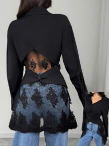 Calvaya French Style Elegant Sweet Scoop Neck Lace Splice Back Fashionable Casual Backless Blouse For Women Women Shirt