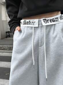 Manfinity VCAY 1 件男士针织休闲文字印花松紧腰宽松运动裤，年轻休闲版型外出时尚慢跑裤超大号拼色运动裤，适合丈夫、男朋友的礼物