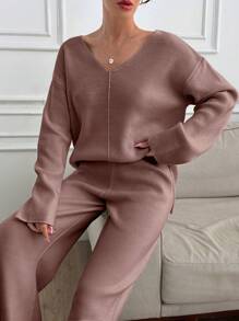 EURMUSE Women V-Neck OverSize Sweater And Knit Pant Set - Dusty Pink - View 2