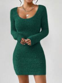 Chiquease 1pc Women Solid Color Round Neck Long Sleeve Short Casual Dress - Dark Green - View 1