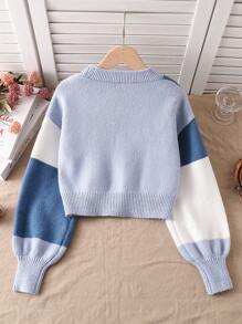 Tween Girl Light Blue And White Color Block Short Cardigan,Autumn Casual Back-To-School Fashionable Street Style Sweater,Cozy Holiday Korean Style - Blue - View 2