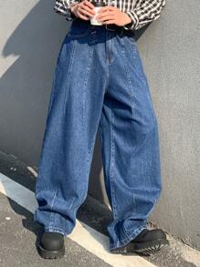 Manfinity Hypemode Men's Dark Blue Vintage Washed Denim Wide Leg Casual Pants