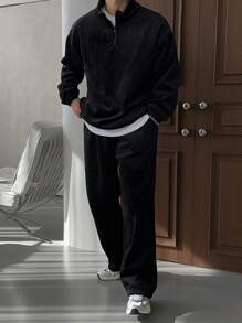 DAZY Men Solid Color Stand Collar Top And Pants Set, Casual For Autumn Quarter Zip Men - Black - View 1