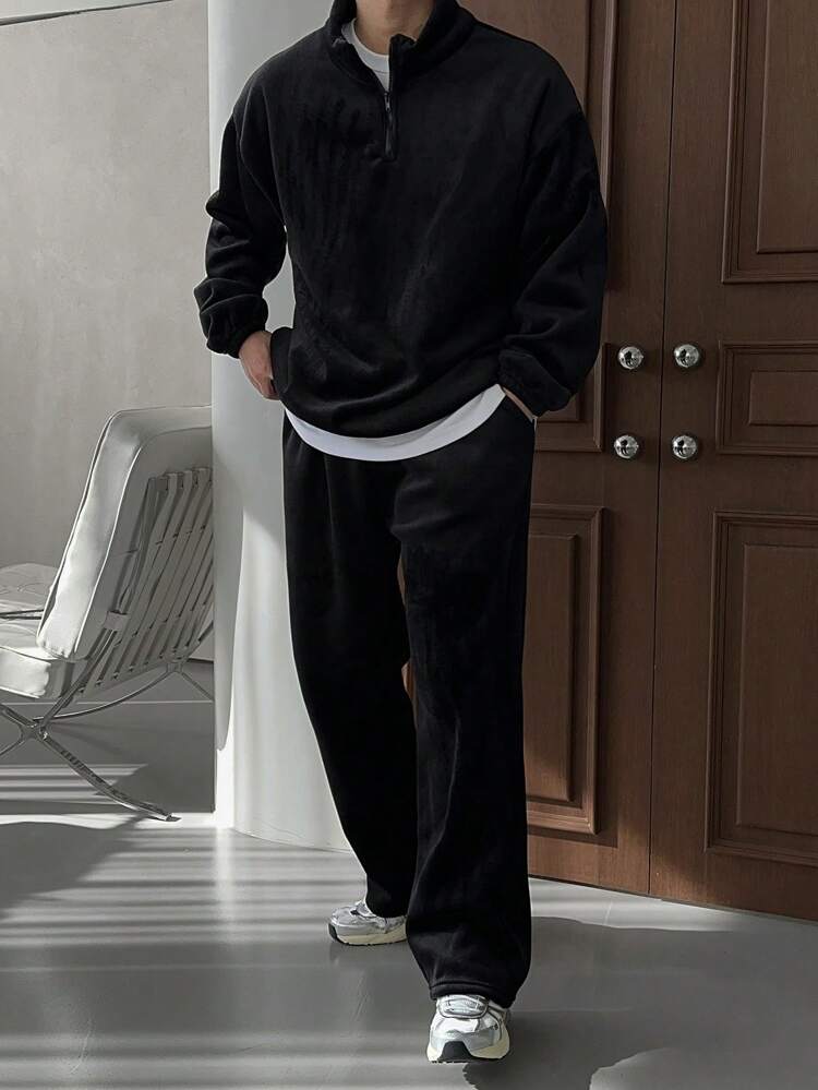 Men Solid Color Stand Collar Top And Pants Set, Casual For Autumn Quarter Zip Men