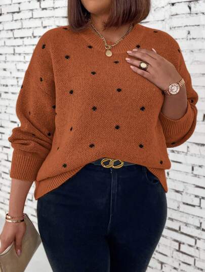 SHEIN LUNE Pullover in Große Größen mit Rundhalsausschnitt, Langarm, Polka Dot Muster, Lässig, für Winter Strickpullover Herbst