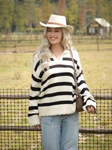 LanaWest Damen Oversized V-Ausschnitt gestreifter locker gestrickter Pullover, lässiger College-Stil für Herbst/Winter Strickpullover - Schwarz und Weiss - Übersicht 5
