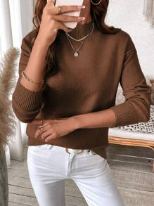 Calvaya Plus Size Solid Color Crew Neck Long Sleeve Simple Casual Sweater, For Winter Knit Pullover Fall Outfit