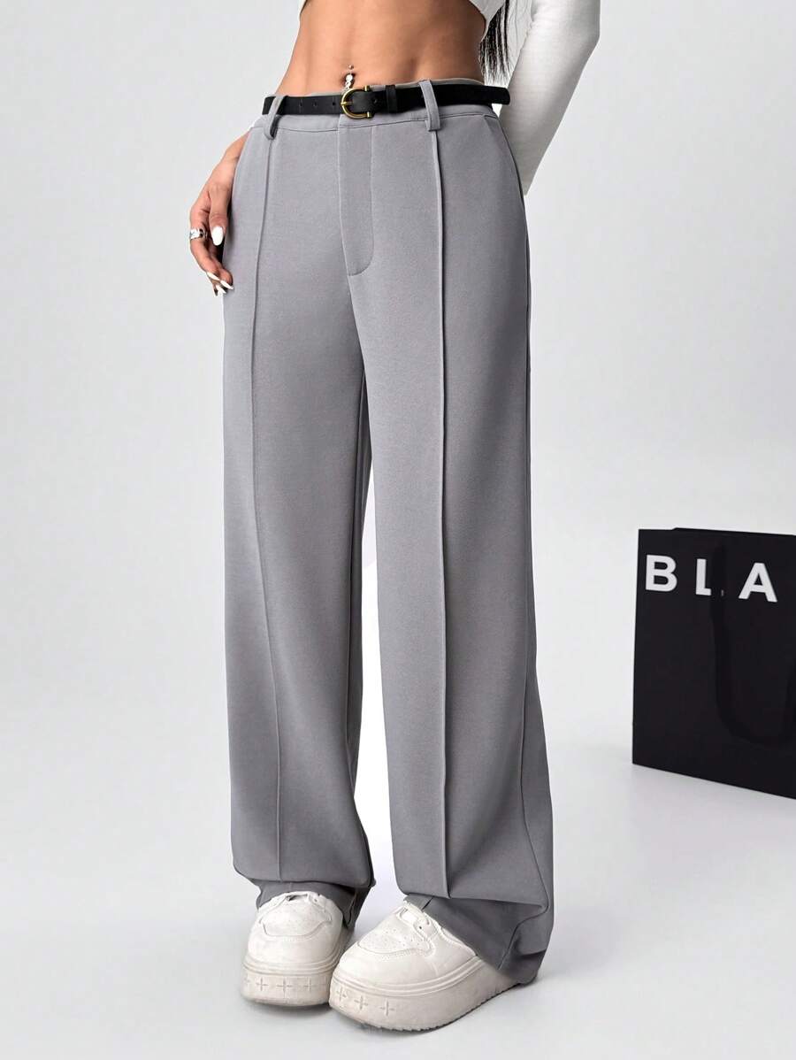 Muchica Women's Plain Color Toothpick Stripe Design Straight Leg Loose Fit High Waist Pants With Belt - Grey - View 1