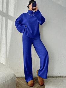 EURMUSE 2 peças/conjunto suéter de gola alta de cor sólida, manga comprida, top e calças - Azul Real - Ver 6