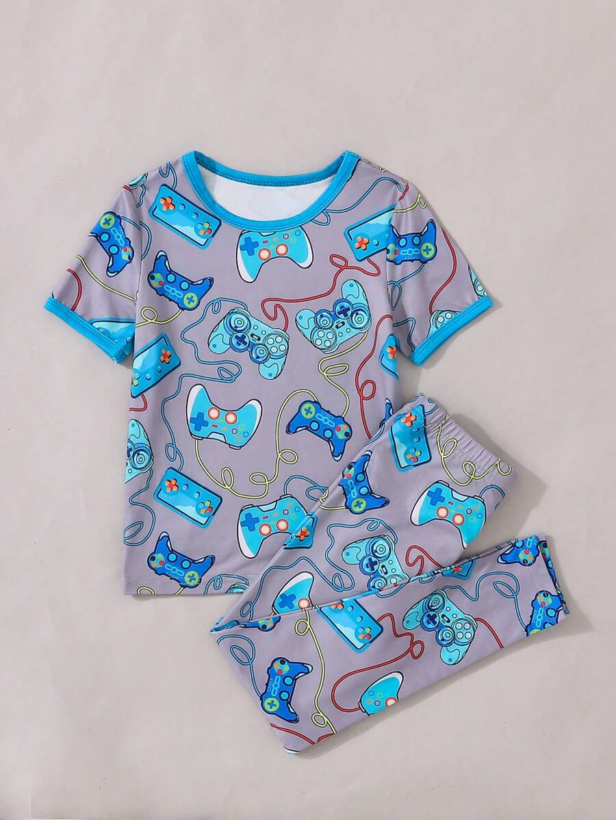 Young Boy Video Game Controller Pattern Short Sleeve T-Shirt And Pants Set, Snug Fit Home Clothes - Blue - View 1