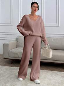 EURMUSE Women V-Neck OverSize Sweater And Knit Pant Set - Dusty Pink - View 6