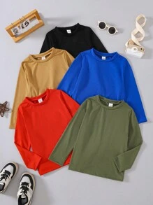 5 chiếc/gói áo thun dài tay cổ tròn màu trơn thường ngày cho bé trai - Nhiều màu - Xem 1