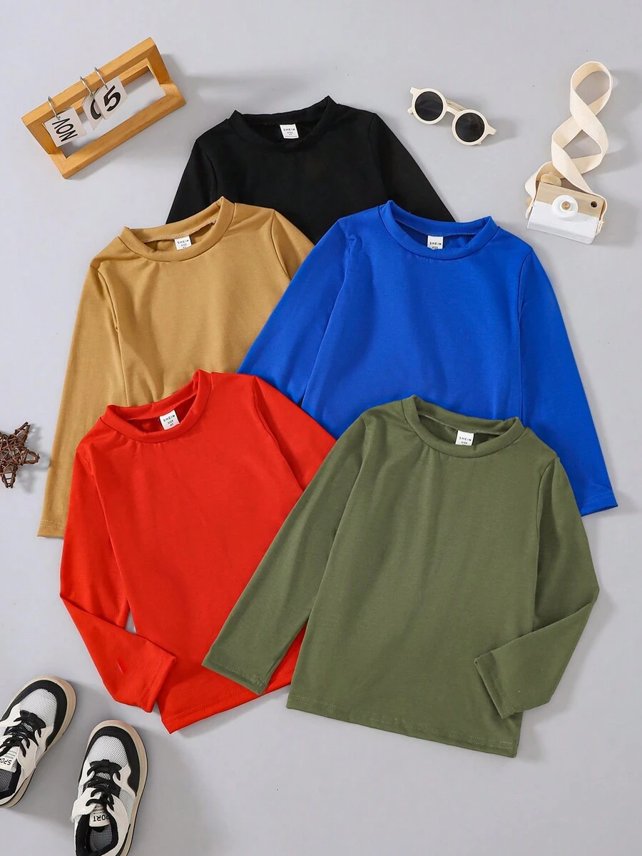 5 chiếc/gói áo thun dài tay cổ tròn màu trơn thường ngày cho bé trai - Nhiều màu - Xem 1