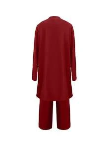 Plus Three Pieces Solid Set Long Sleeve Cardigan & Tank Top & Long Pants Outfits - Burgundy - View 2