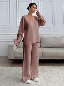 EURMUSE Women V-Neck OverSize Sweater And Knit Pant Set - Dusty Pink - View 4