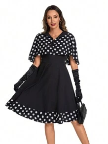 SHEIN Clasi 2pcs/Set Elegant Polka Dot Print Splicing Shawl Blouse And Sleeveless Dress Set For Women - Black - View 1