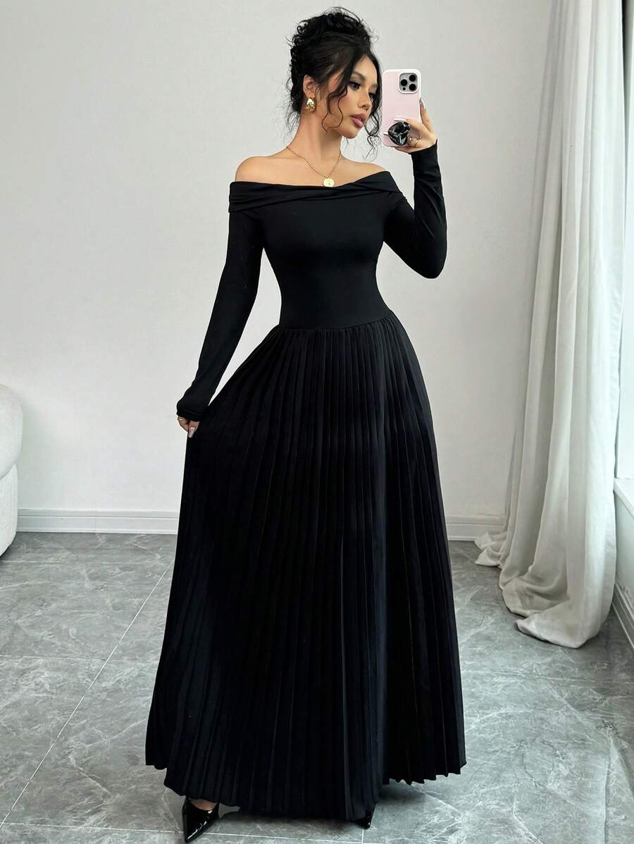 Elenzga 1 chiếc váy trễ vai nhún eo cho nữ, trang phục maxi thu đông cho nữ - màu đen - Xem 1