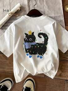 SHEIN EZwear 女士圣诞黑猫印花圆领 T 恤图案 T 恤女士上衣 - 白色 - 查看 3