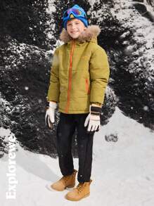 SHEIN Tween Boy 拼接长袖连帽休闲中长款毛领夹棉大衣