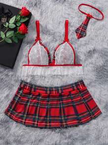 大码 3 件套蕾丝拼接性感内衣套装 - 紅白色 - 查看 4