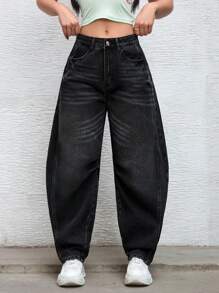 SHEIN EZwear Women Fashionable Distressed Banana-Fit Baggy Denim Jeans