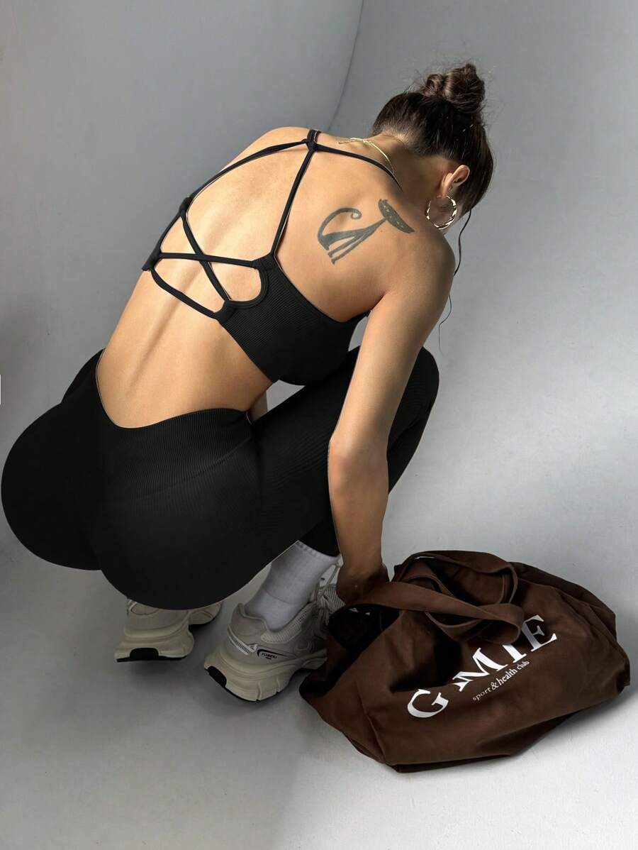 Slayform 女士纯色镂空休闲运动上衣和裤子套装健身房套装健身女士套装女士紧身裤套装 - 黑色 - 查看 1