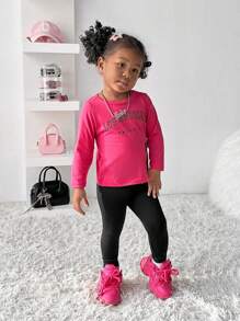 SHEIN 2 pièces Ensemble Top col rond imprimé de lettres slogans et bas ajustés à ourlet franges, style mode de rue minimaliste décontracté pour bébé fille, convient au port en extérieur