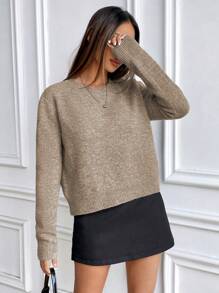 SHEIN Unity 休闲风格纯色圆领针织长袖毛衣 - 駝色 - 查看 3