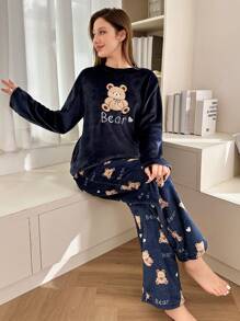 Women 2pcs Plush Bear Embroidery Allover Print Long Fluffy Pajama Set, Autumn/Winter, Fall Winter Clothes