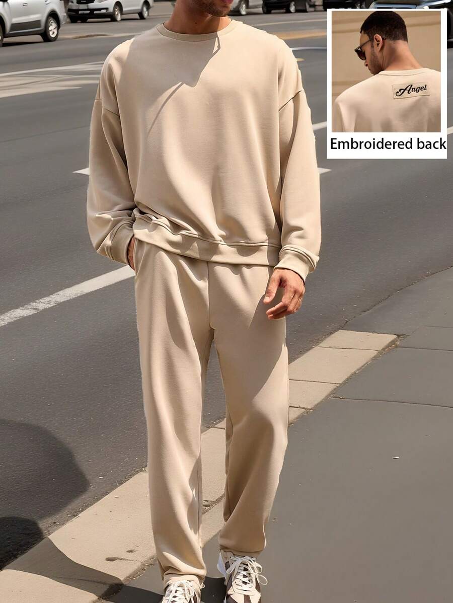 Manfinity VCAY 2 件套男士针织休闲宽松长袖运动衫和抽绳腰直筒裤，适合年轻人日常穿着，适合秋冬 - 白色 - 查看 1