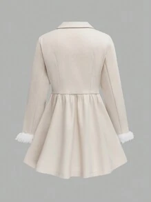 SHEIN Clasi 大码女式纯色长袖优雅立领金属纽扣大衣，冬季 - 杏色 - 查看 2