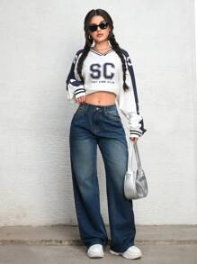 SHEIN EZwear 女士纯色口袋休闲百搭宽松直筒牛仔裤