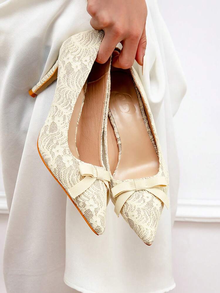 CUCCOO HITCHD Elegant Lace Pointed Toe Bowknot Ribbon Bridal High Heel Shoes For Women For Christmas And New Year Holiday Vibe Fall And Winter Valentines
