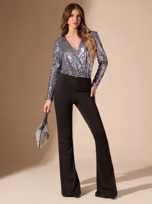 SHEIN BAE Elegant Sequin Deep V-Neck Long Sleeve Bodysuit For Women, Suitable For Party, Club, Night Out In Autumn And Winter
