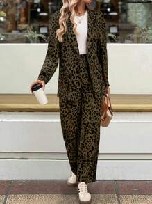 Chiquease 2pcs Women Leopard Print Suit Jacket And Pants Set