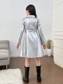SHEIN Tween Girls' Casual Loose Minimalist Fashion Raglan Waist PU Leather Trench Coat
