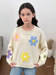 Tween Girls' Apricot All-Matching 3D Floral Cute Casual Loose Comfortable Sweater For Winter