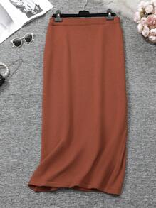 Mulvari Plus Size Women Solid Color Drop Shoulder Long Sleeve Cardigan And Knitted A-Line Skirt Casual Suit Set, Autumn/Winter