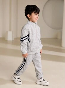 SHEIN Young Boy 4-7 Years Old Warm Fleece Lined Sports Suit,Back-To-School Casual Tracksuit,Winter Career Day Long Sleeve Jacket And Pants Set Jogging Suit - Multicolor - View 6