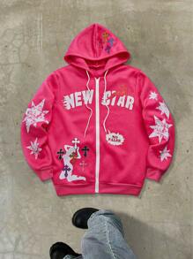 Manfinity EMRG Sudadera con capucha y cremallera con estampado de estrella y cruz en 'INS' color rosa para hombre, sudadera con capucha de manga larga con cremallera estilo rapero 'Y2K' de uso diario, regalo para amigos, esposo, novio