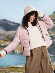 In My Nature 1pc Women Solid Color Hooded Zipper Front Long Sleeve Padded Coat, Winter - Pink - View 6