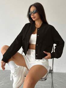 Flirla Casual Snap Button Open Front Loose Fit Baseball Jacket, For Autumn