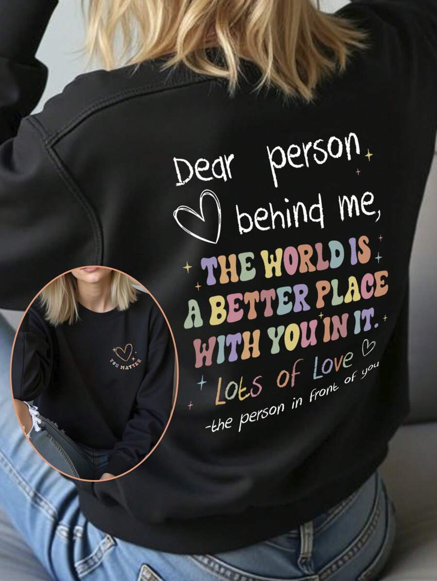1 Stück Damen Lässig Mode bunte positive Slogan Buchstaben Muster bedruckter thermisch gefütterter Rundhals Sweatshirt Herbst und Winter Damen Alltagskleidung