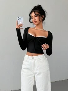 Aloruh Women Lace Splice Colorblock Crew Neck Fitted Long Sleeve T-Shirt - Black - View 2