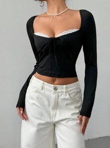 Aloruh Women Lace Splice Colorblock Crew Neck Fitted Long Sleeve T-Shirt - Black - View 6