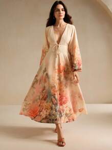 Anewsta Vestido de manga larga con estampado floral, suave y romántico, apropiado para vacaciones a principios del otoño