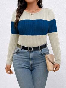 SHEIN LUNE Plus Size Round Neck Long Sleeve Solid Color Stitching Simple T-Shirt Daily Leisure Graphic Tees Women Tops For Spring Outfit